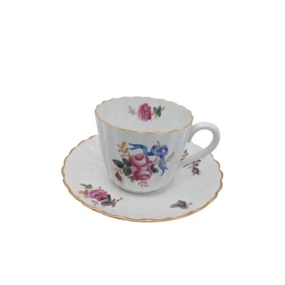 Vintage Spode Copeland's‎ Y5775 Flat Cup & Saucer Set floral ribbon  2 1/2 in